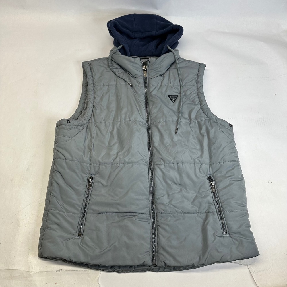 Guess‎ Puffer Vest Hooded Grey Full Zip Pockets Logo Mens Large